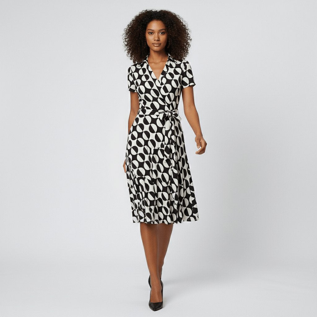 Women's Short-Sleeve Belted V-Neck A-Line Wrap Midi Dress