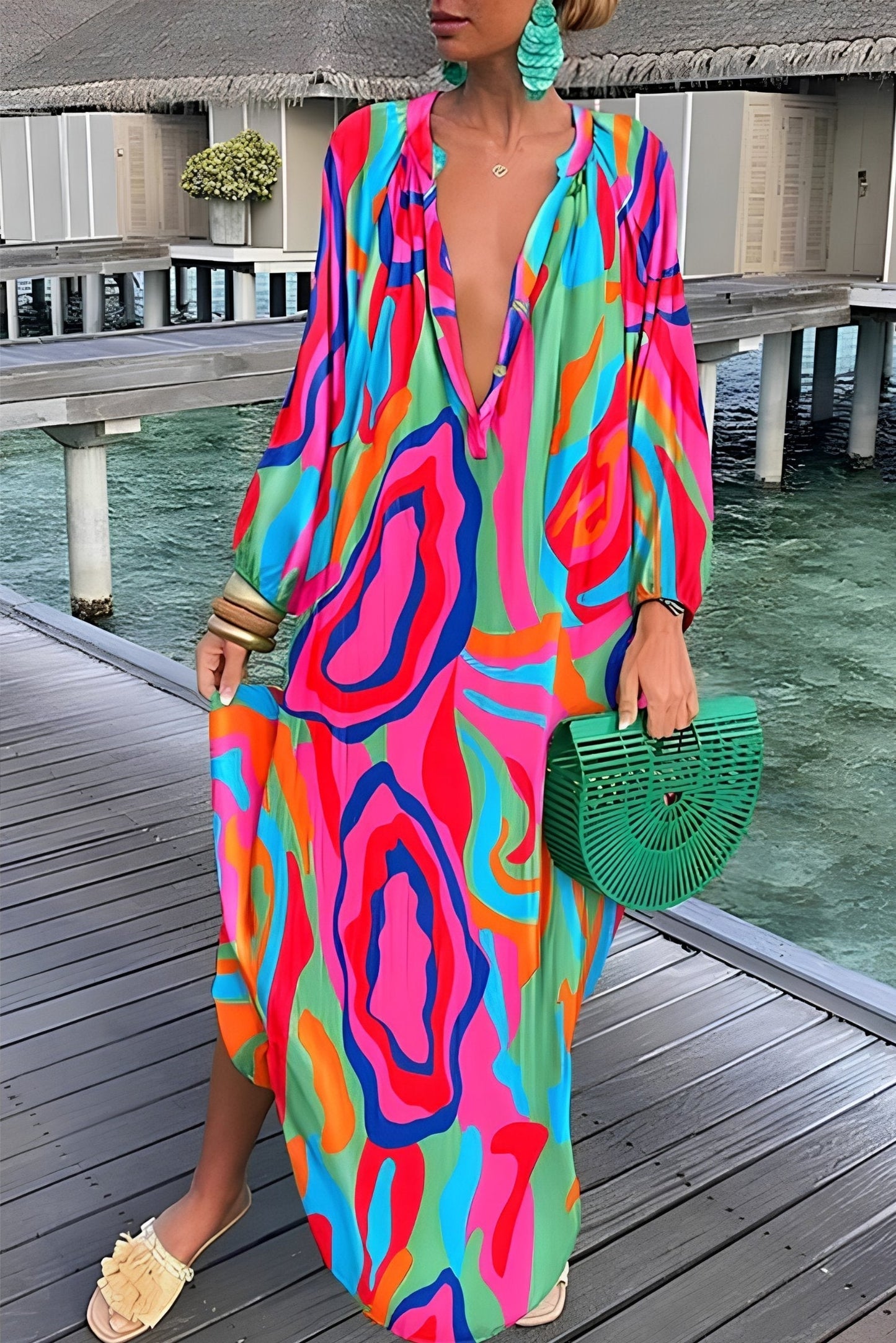 Women's Abstract Print V-Neck Caftan Maxi Dress in Relaxed Fit