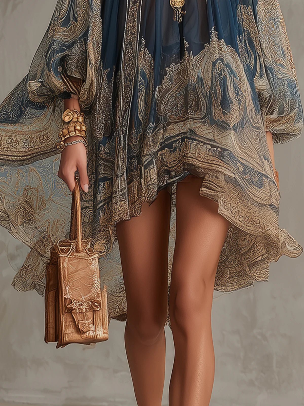 Women's High-Neck Baroque Print Chiffon Dress with Flowy Sleeves