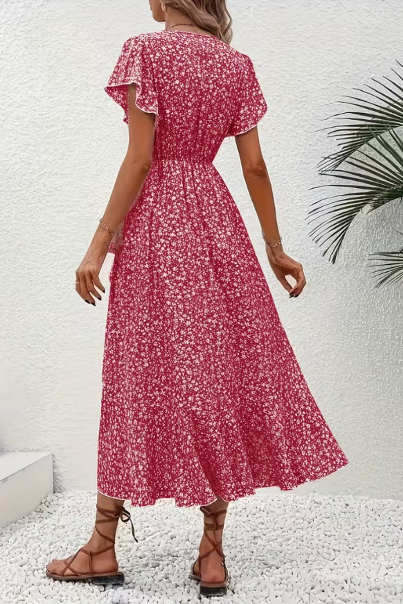 Women's V-Neck Asymmetric Floral Wrap Midi Evening Dress