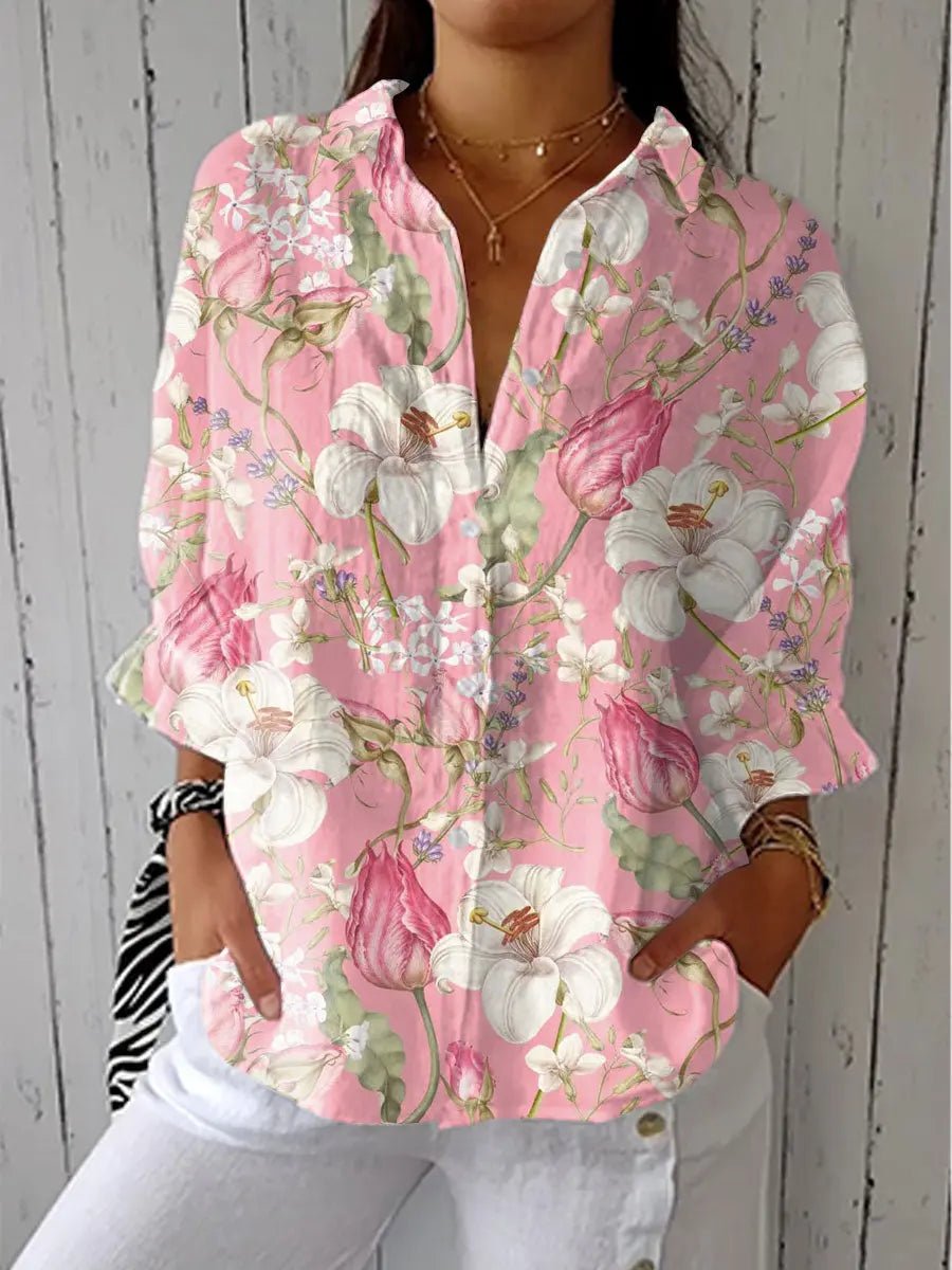Women's Loose V-Neck Floral Print Blouse