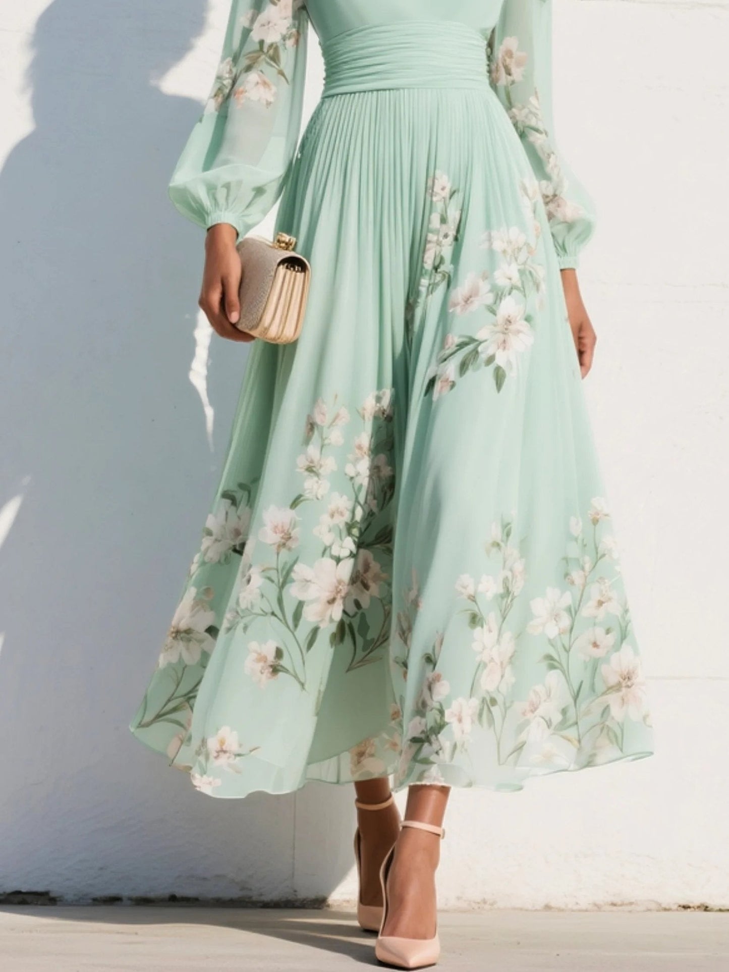 Women's Balloon Sleeve V-Neck Pleated Floral Midi Dress