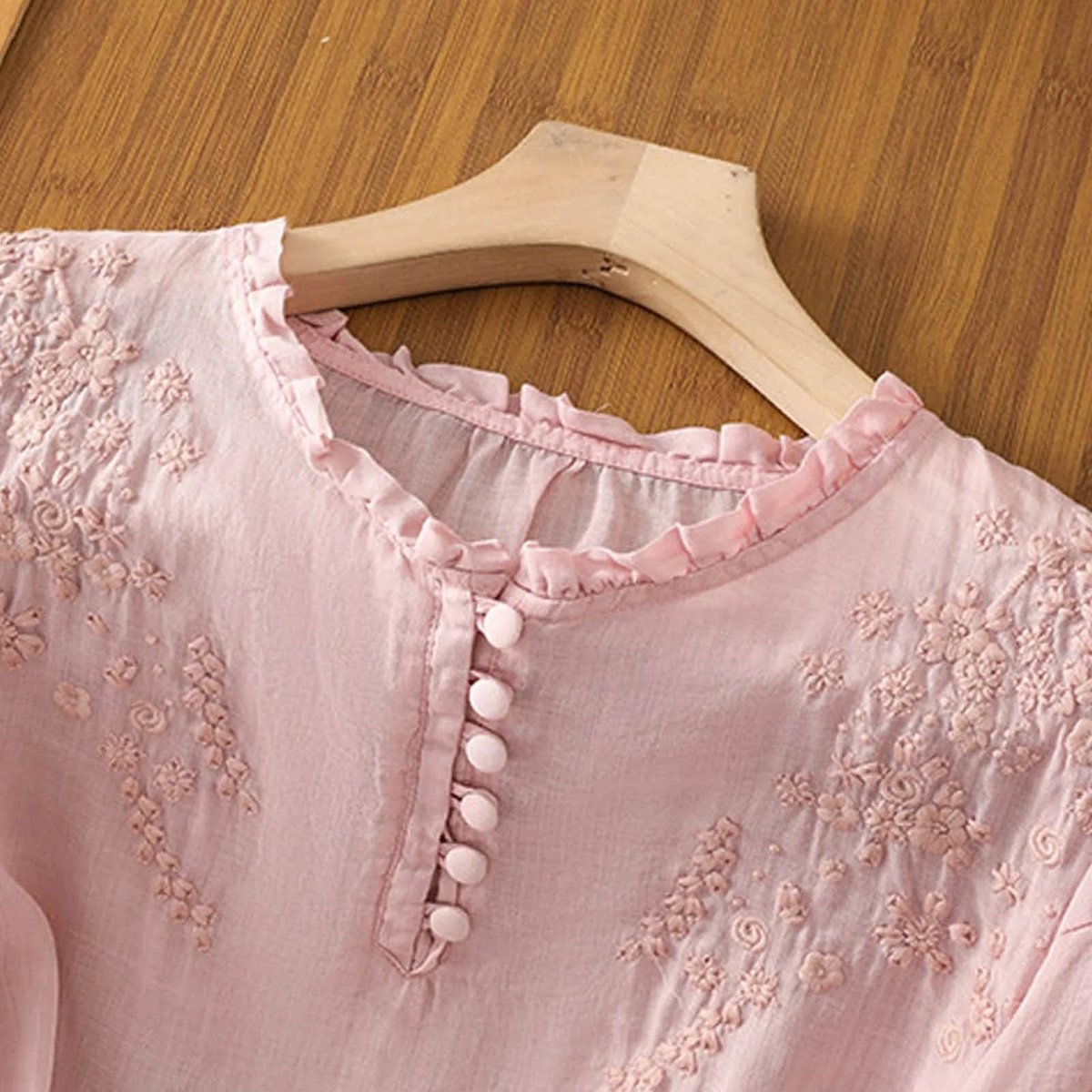 Women's Linen Boho Blouse with Embroidered Ruffle Collar