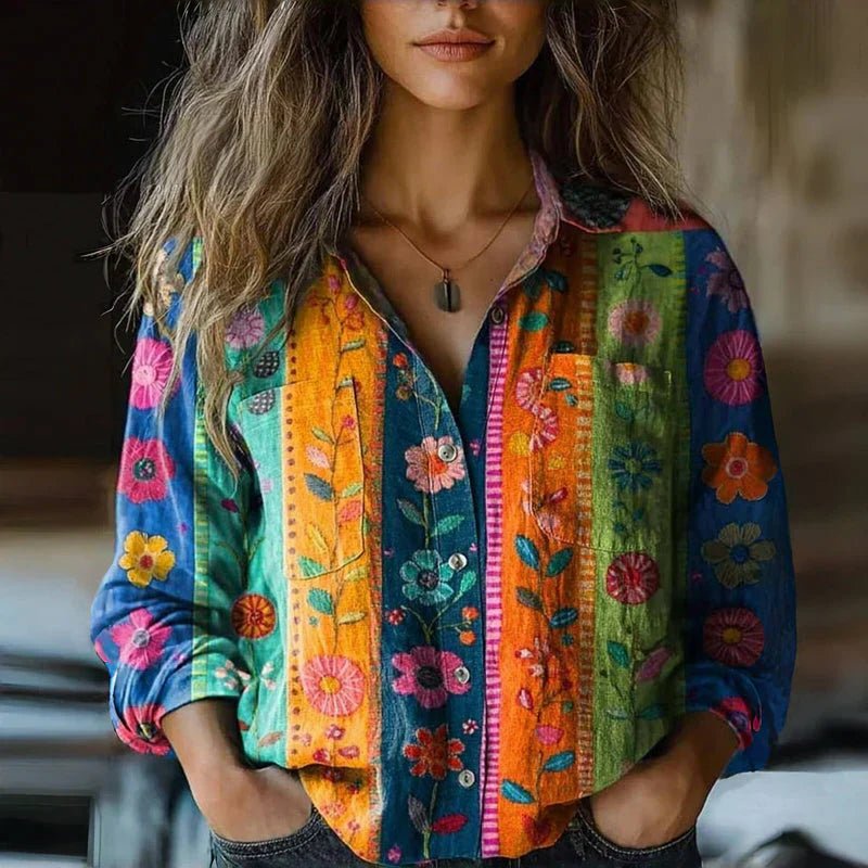 Women's Vintage Paisley Print Button-Front Boho Shirt