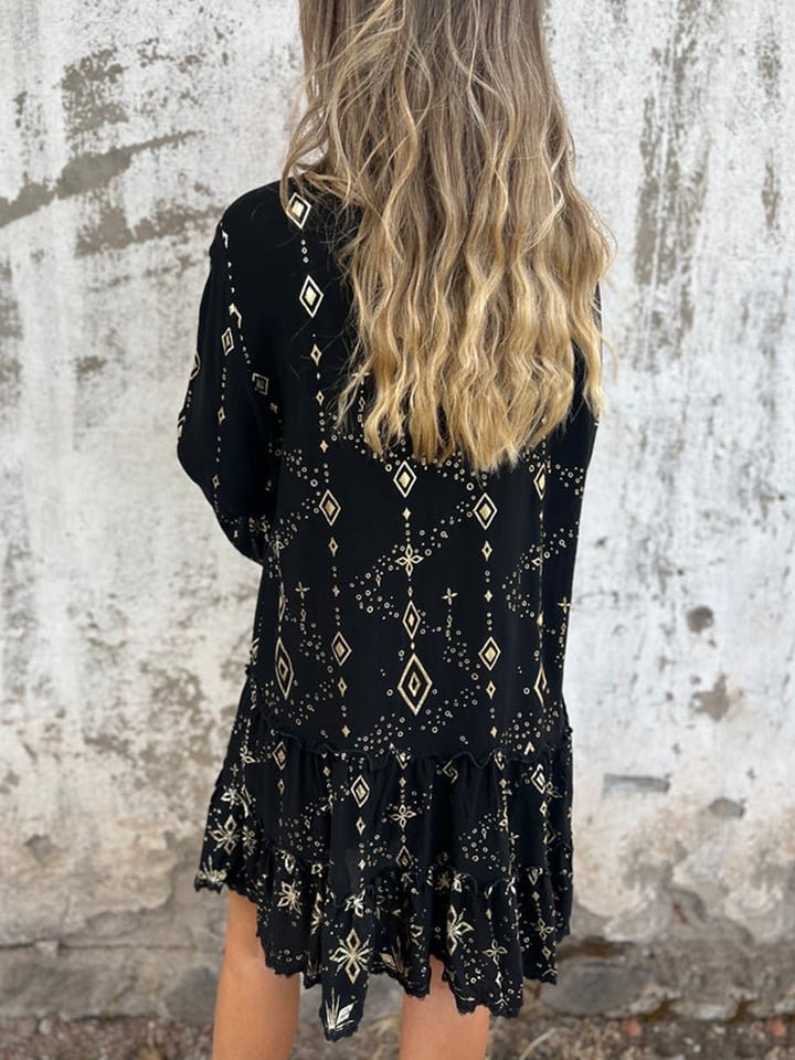 Women's Tiered Bohemian Dress with Wide Sleeves and Gold Accents