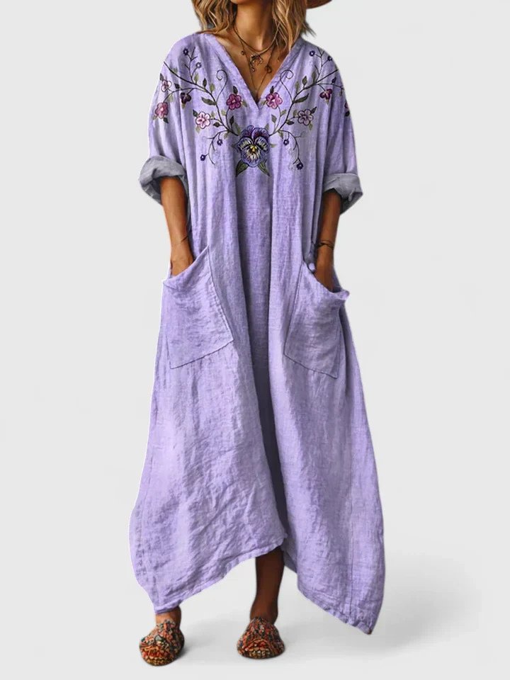 Women's Relaxed Cotton Paisley Boho Maxi Dress with Pockets