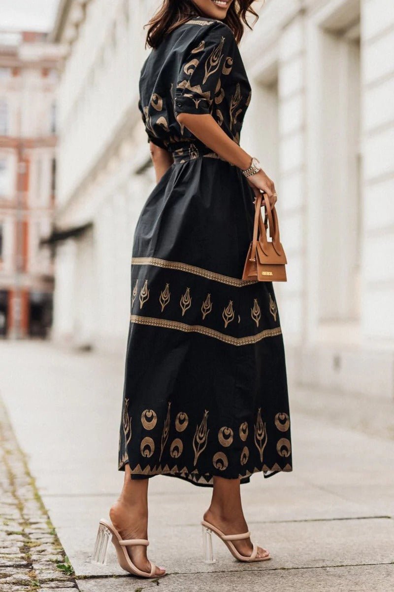 Women's Bohemian Pattern Belted Midi Dress