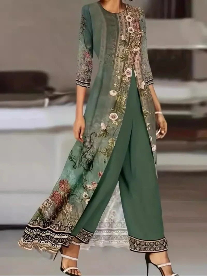 Women's Botanical Print Longline Top and Wide-Leg Pants Set