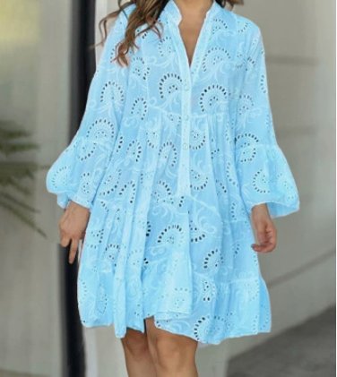 Women's Long-Sleeve Broderie Anglaise A-Line Shirt Dress in White