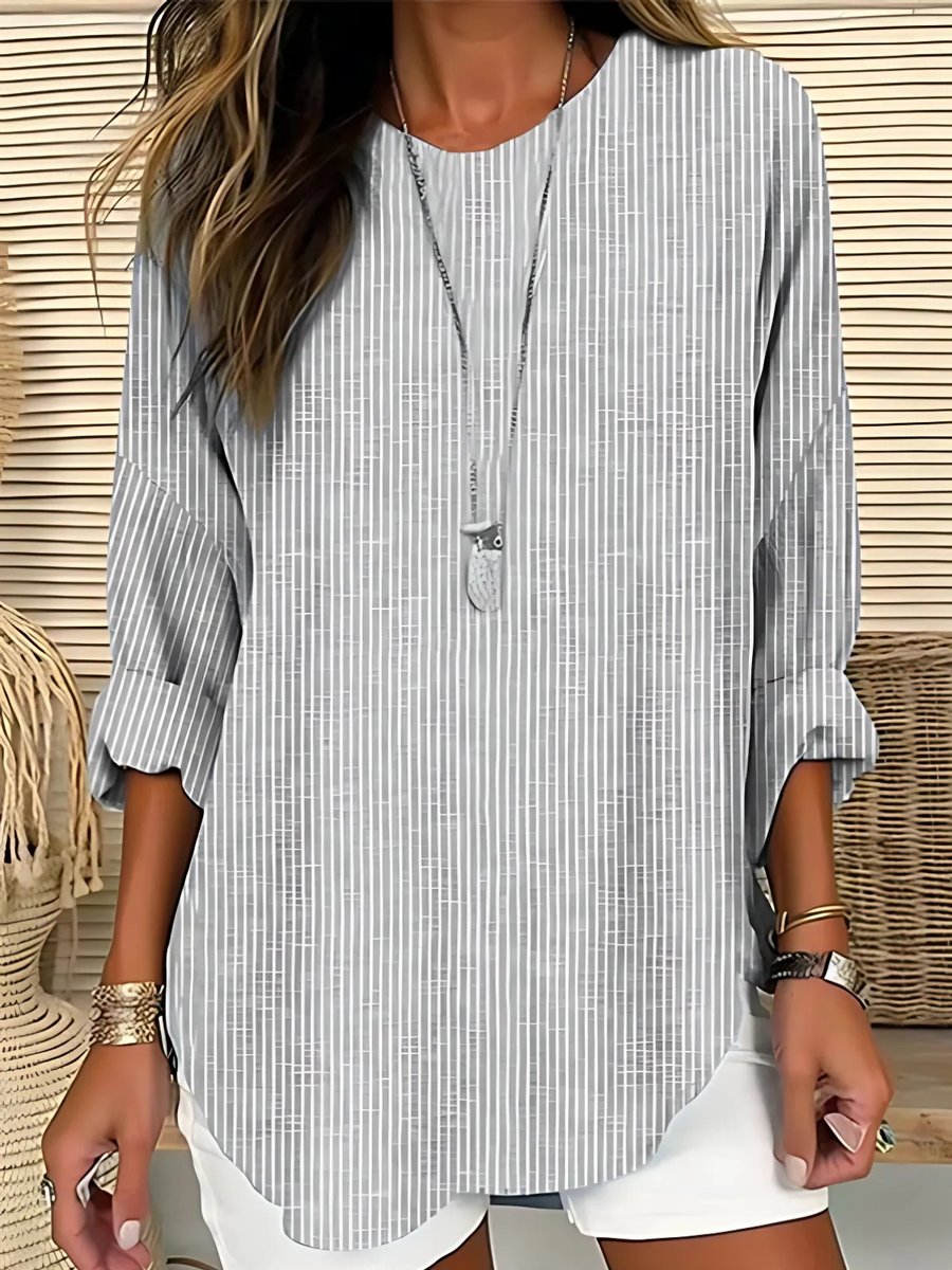 Women's Round-Neck Loose Striped Casual Blouse