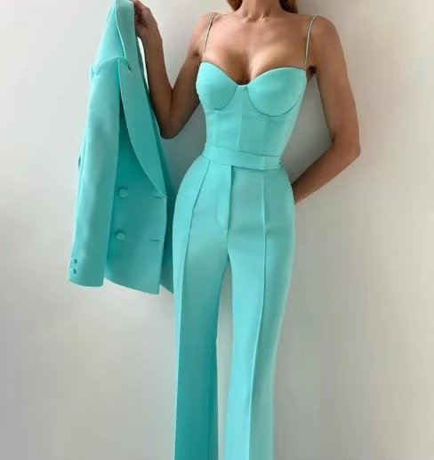 Women's Three-Piece Suit with Blazer, Corset, and Wide-Leg Pants