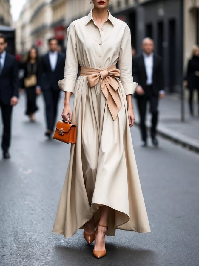 Women's Long-Sleeve Maxi Shirt Dress with Waist Tie