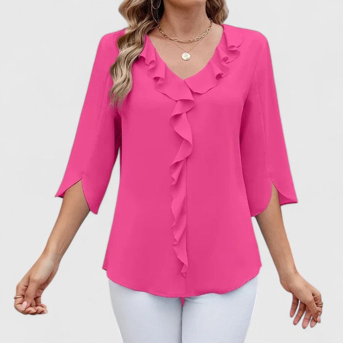 Women's 3/4-Sleeve V-Neck Blouse with Ruffle Trim
