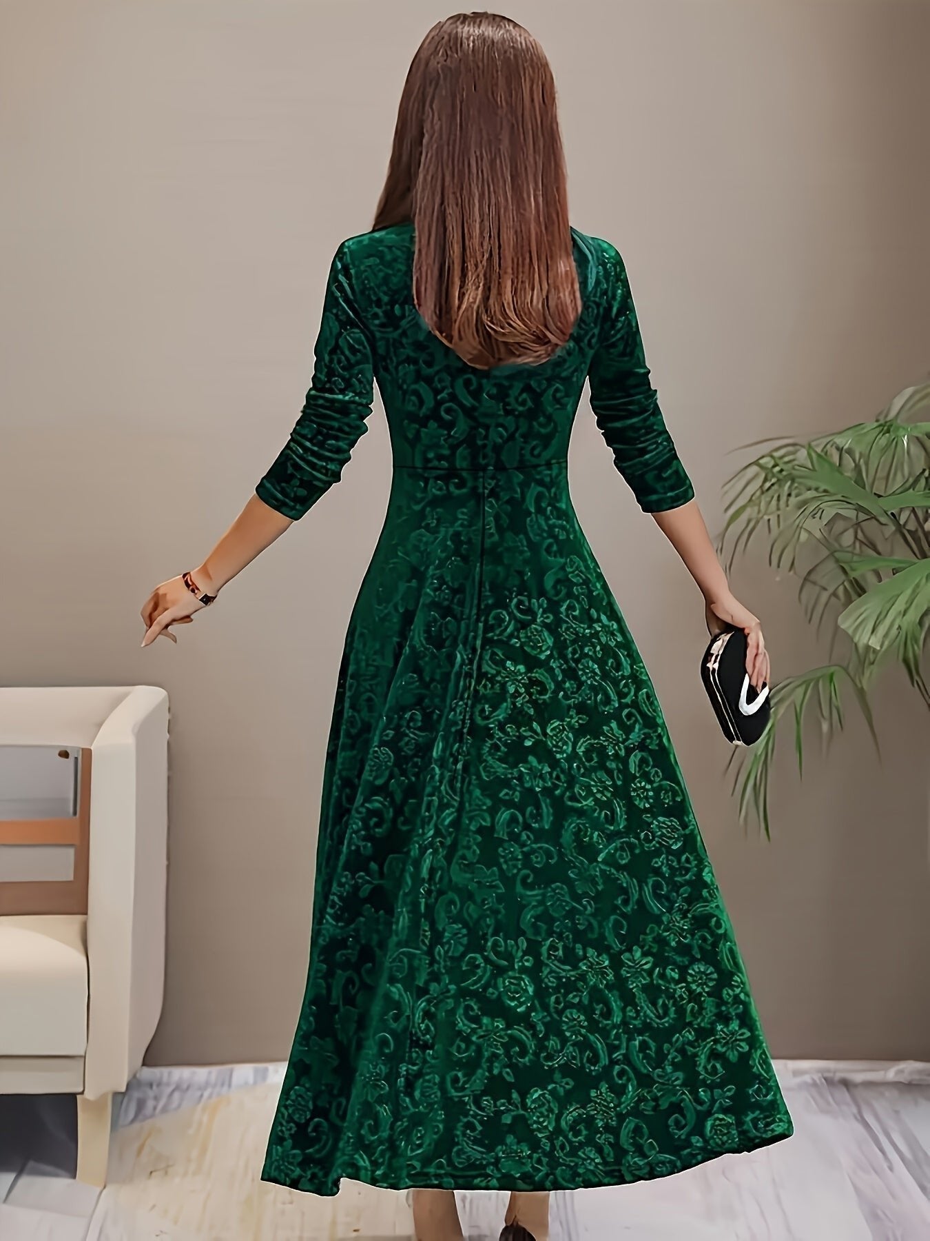 Women's Square-Neck Velvet A-Line Midi Dress with 3/4 Sleeves