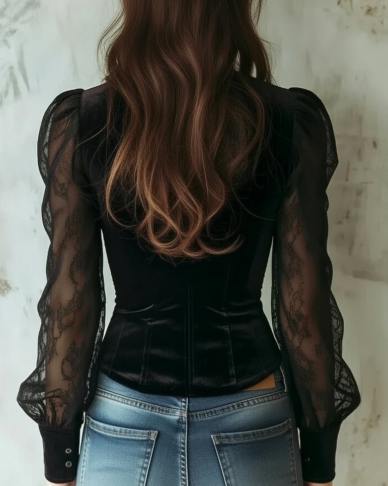 Women's Velvet and Sheer Lace Button-Down Long-Sleeve Blouse