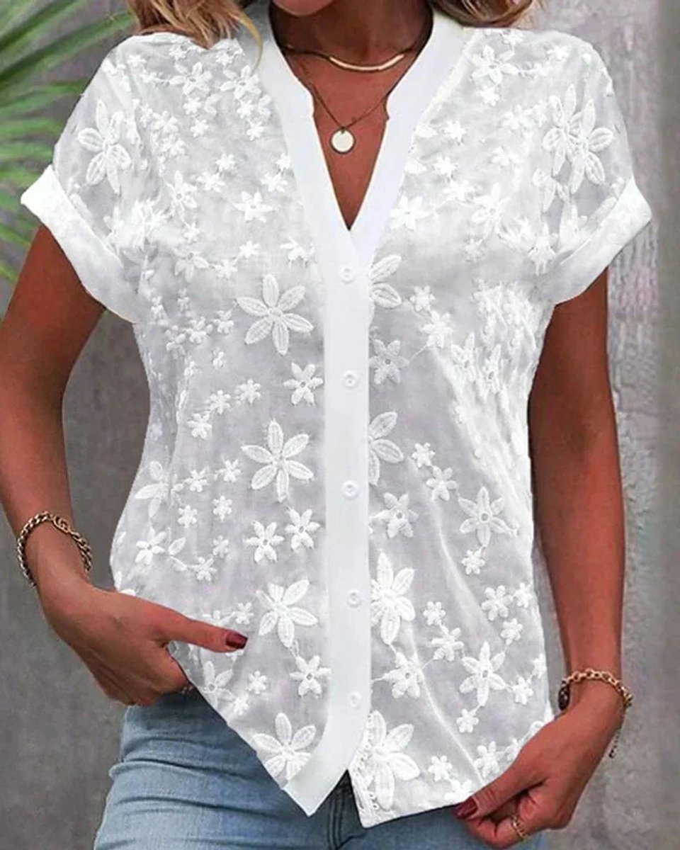 Women's Short-Sleeve Floral Lace V-Neck Blouse