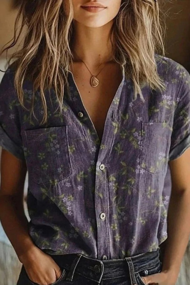 Women's Short-Sleeve Button-Front Cotton Floral Blouse