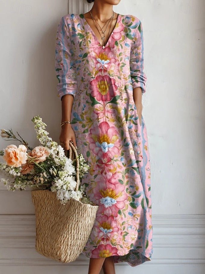 Women's Long-Sleeve Floral Print V-Neck Maxi Dress