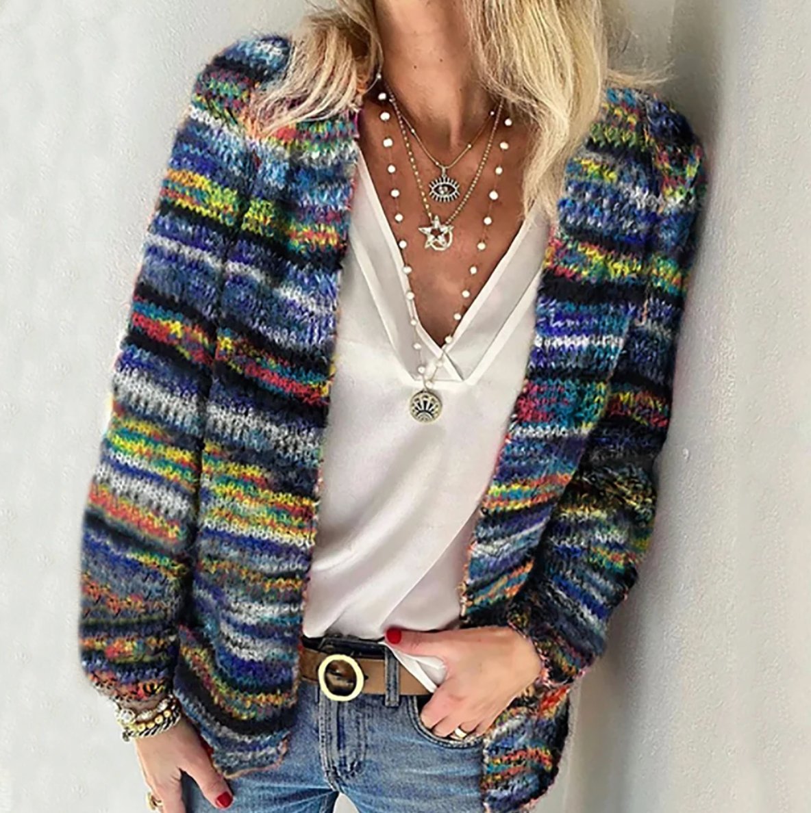 Women's Sleeveless Multicolor Knitted Cardigan Vest