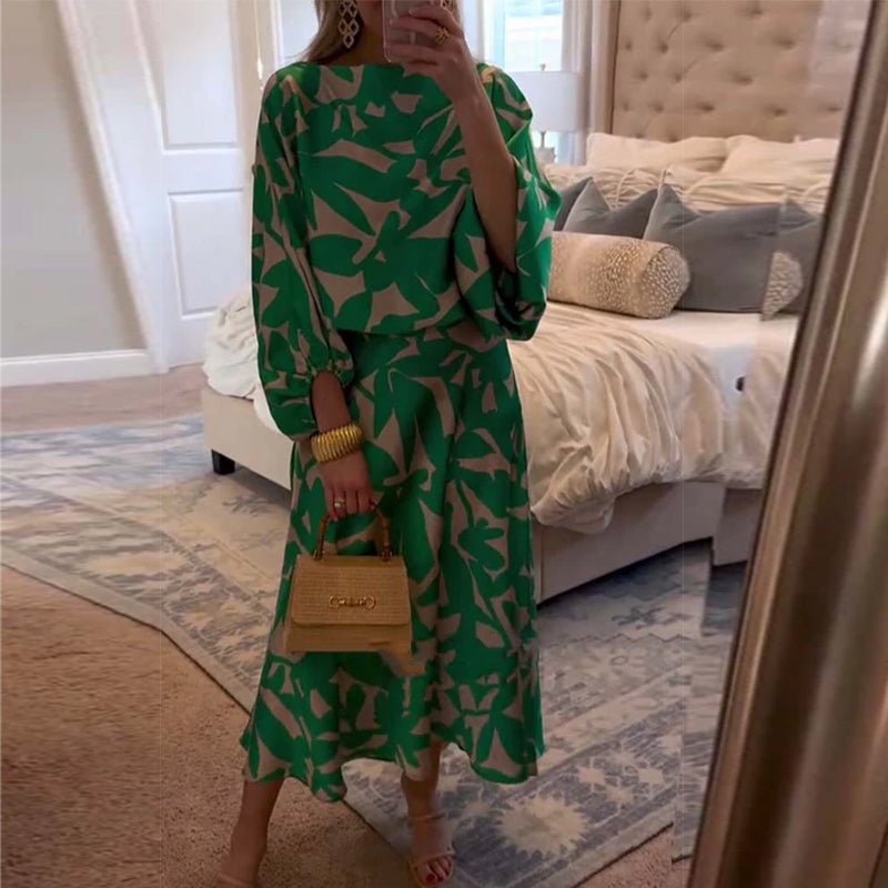 Women's Foliage Print Lantern-Sleeve Two-Piece Outfit