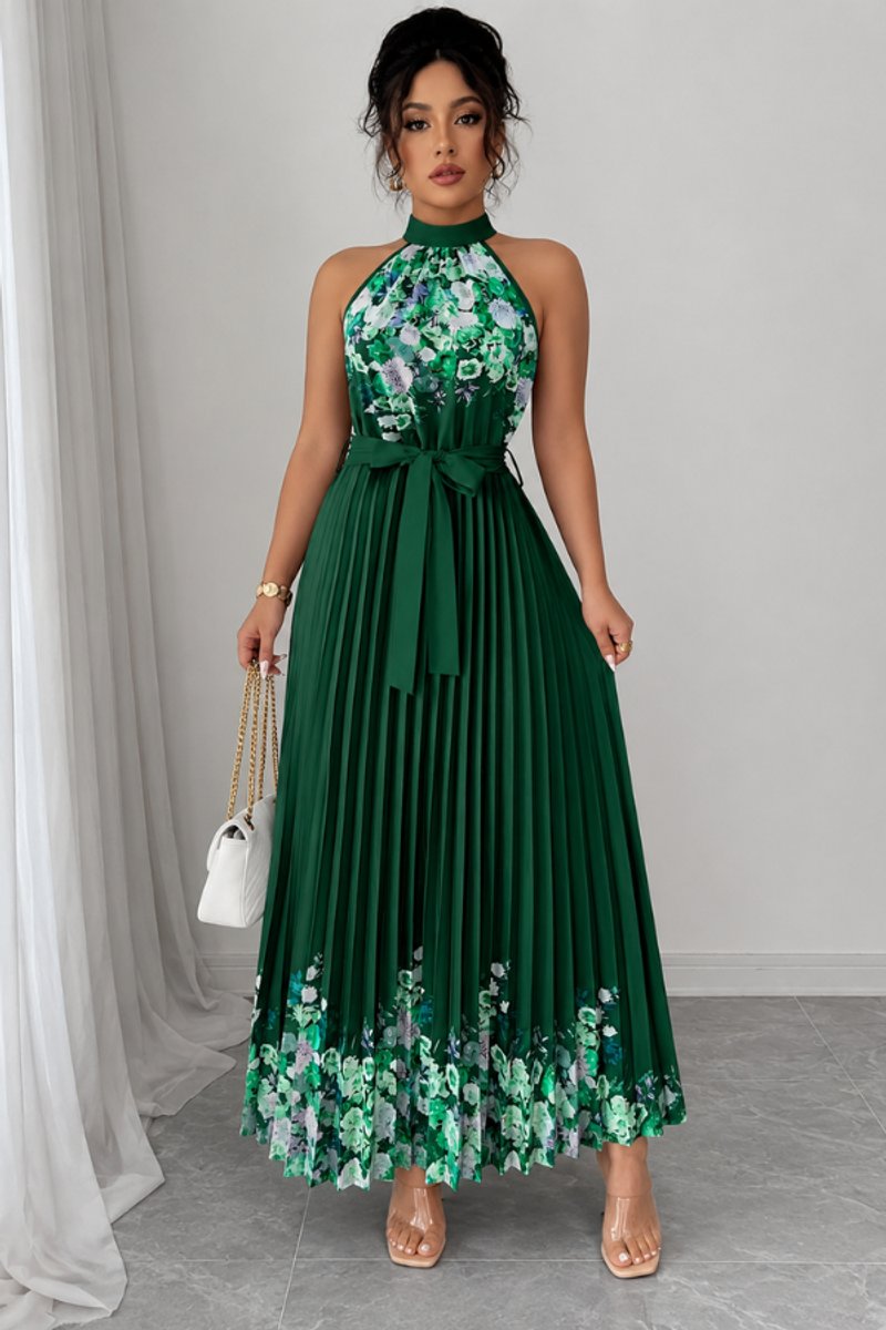 Women's Halter-Neck Pleated Floral Midi Evening Gown