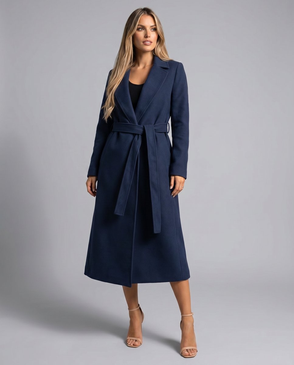 Women's Longline Quilted Wool Trench Coat with Waist Belt