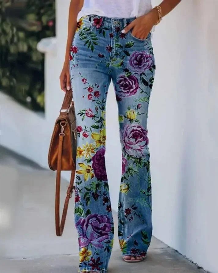 Women's High-Rise Floral Print Flared Denim Jeans