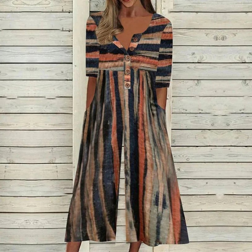 Women's Short-Sleeve V-Neck Cotton Culotte Jumpsuit with Buttons