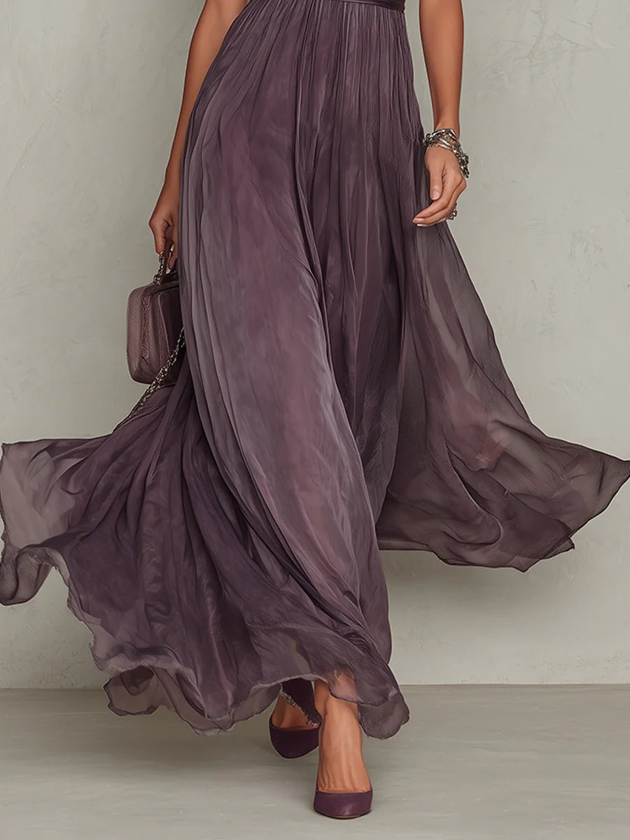 Women's Keyhole-Neck Short-Sleeve Chiffon and Lace Maxi Dress