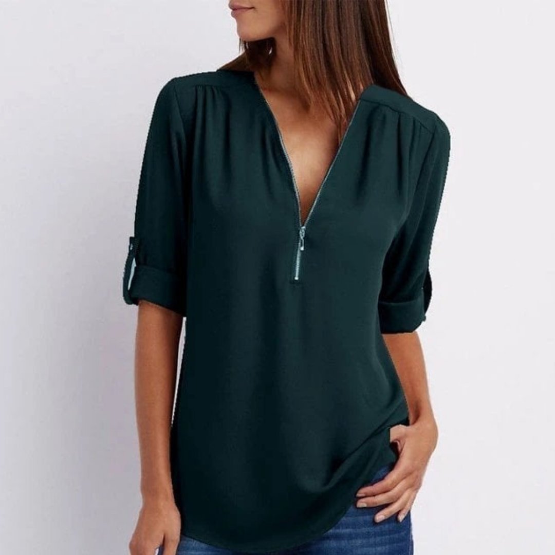Women's Zip V-Neck Lightweight Blouse with Roll-Up Sleeves
