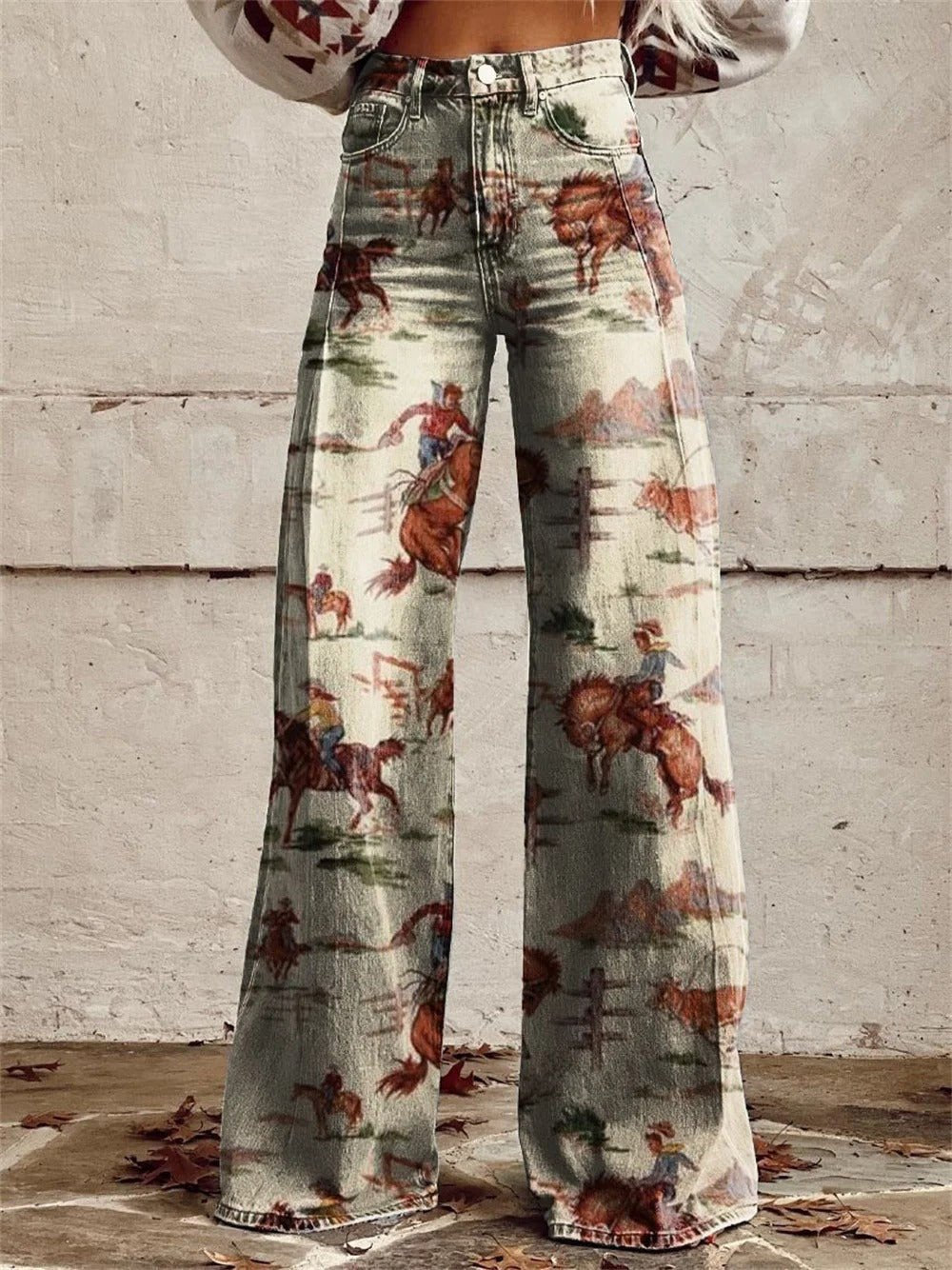 Women's High-Rise Wide-Leg Western Print Denim Pants with Linen Finish