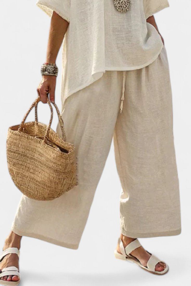 Women's Asymmetrical Linen Top and Wide-Leg Pants Two-Piece Set