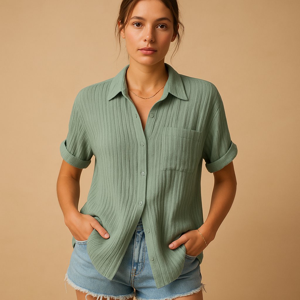 Women's Linen-Texture Short-Sleeve Shirt with Pocket