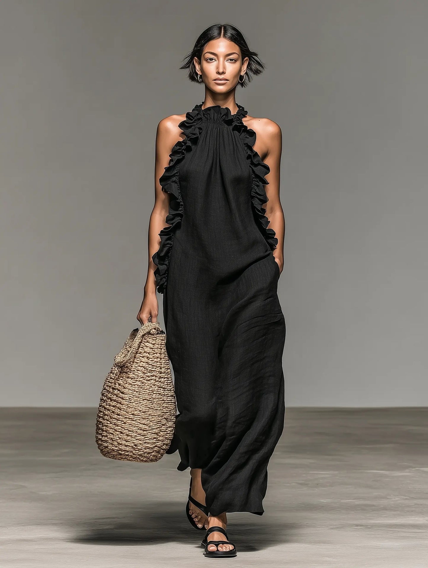 Women's Ruffled Sleeveless Linen Long Gown