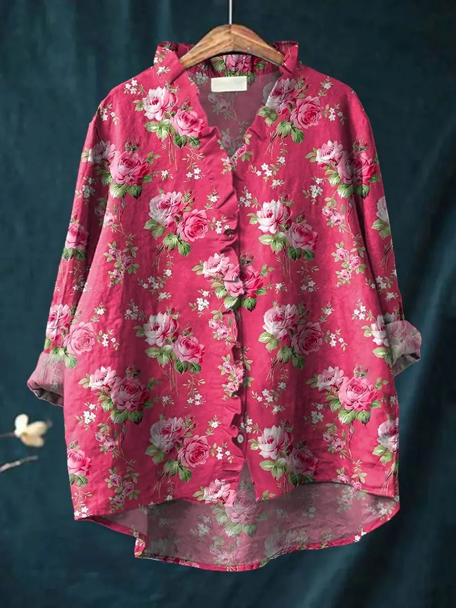 Women's Relaxed-Fit Floral Linen Blouse with Ruffle Trim
