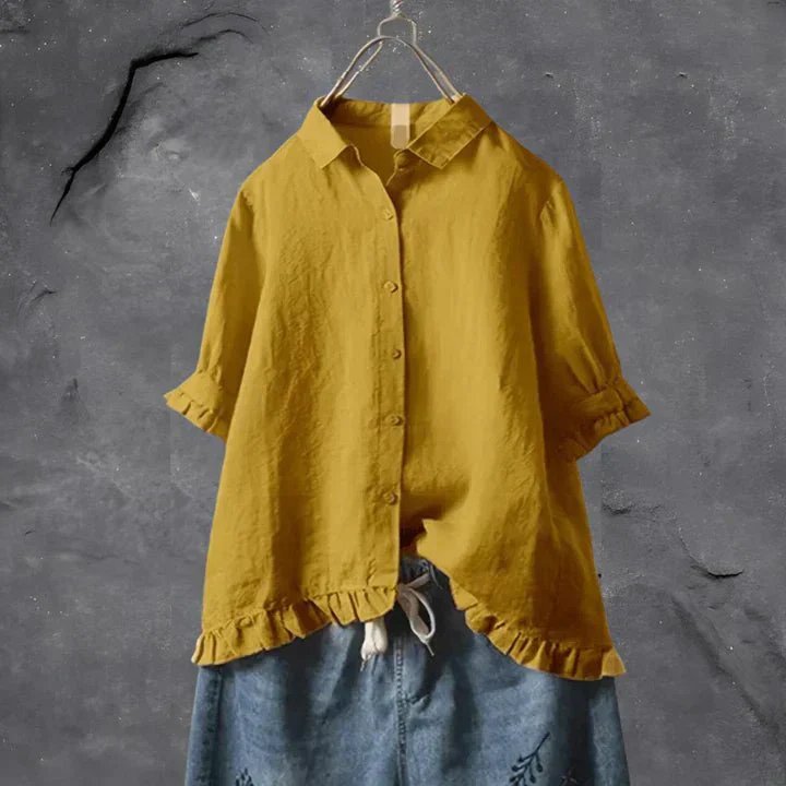 Women's Button-Front Linen Top with Ruffle Sleeves