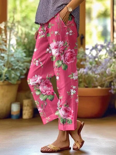 Women's Relaxed Floral Print Casual Trousers with Pockets