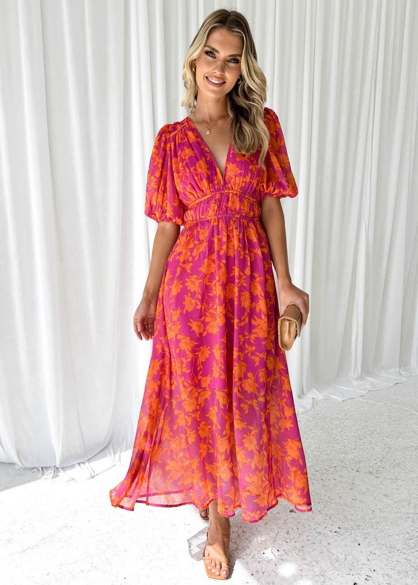 Women's Lightweight Floral Print V-Neck Midi Dress with Puff Sleeves