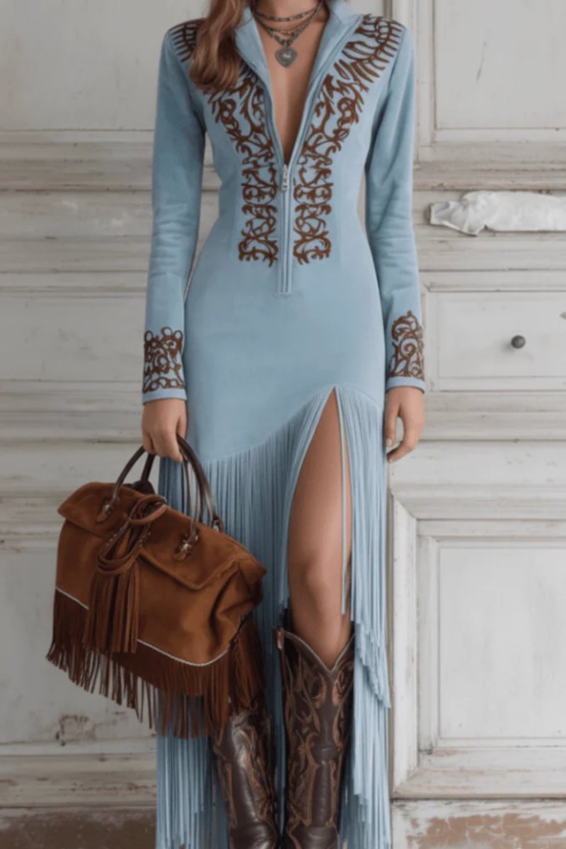 Women's Embroidered Fringe-Trim Maxi Evening Gown