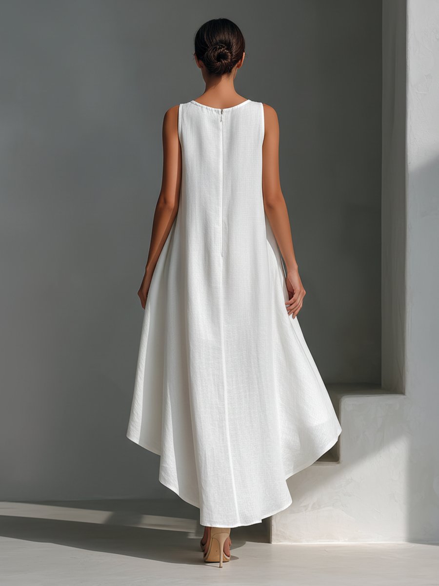 Women's Relaxed Sleeveless Linen Midi Dress with Asymmetric Hem