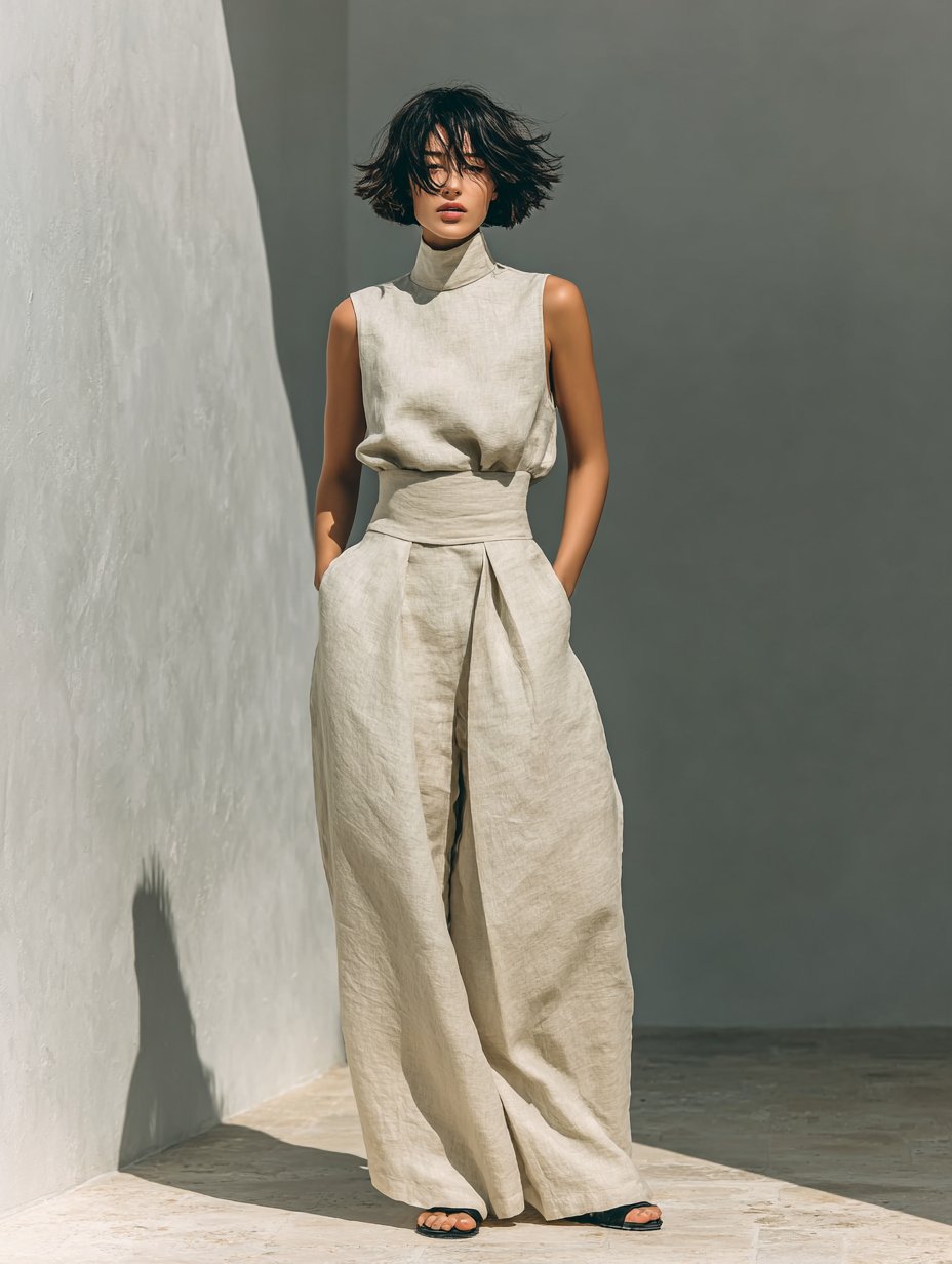 Women's High-Collar Sleeveless Linen Top and Wide-Leg Pants Set