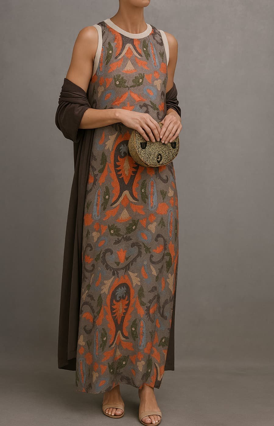 Women's Sleeveless Floral Maxi Dress with Matching Scarf