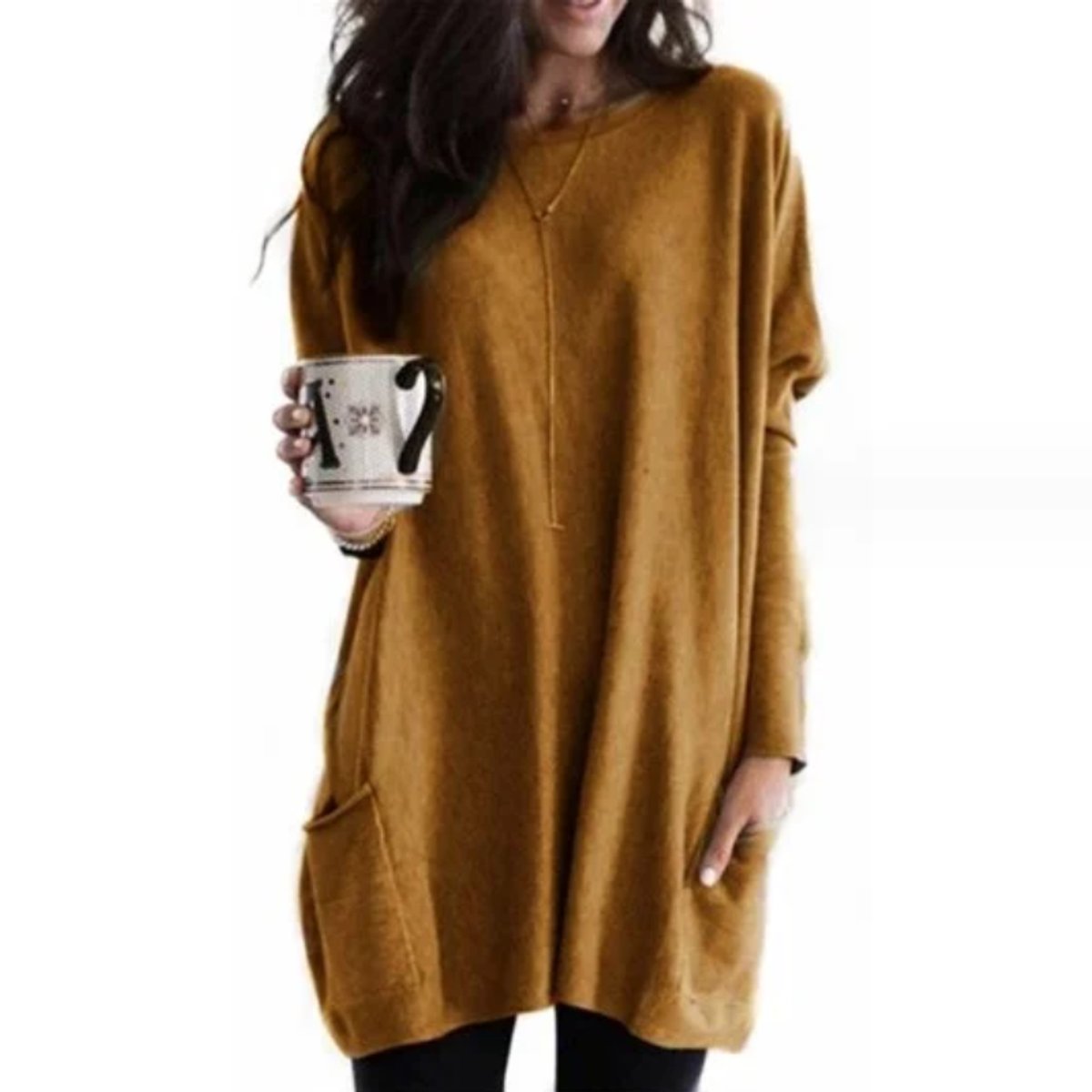 Women's Crewneck Long-Sleeve Oversized Pocket Tunic Top