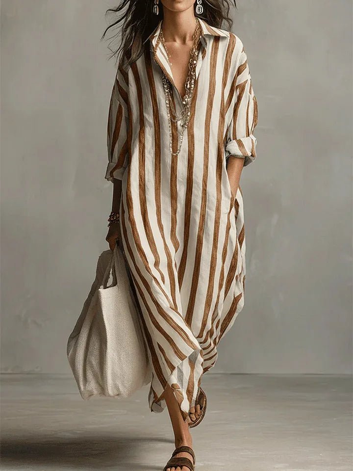 Women's Loose-Fit Striped Linen Maxi Button-Down Shirt Dress