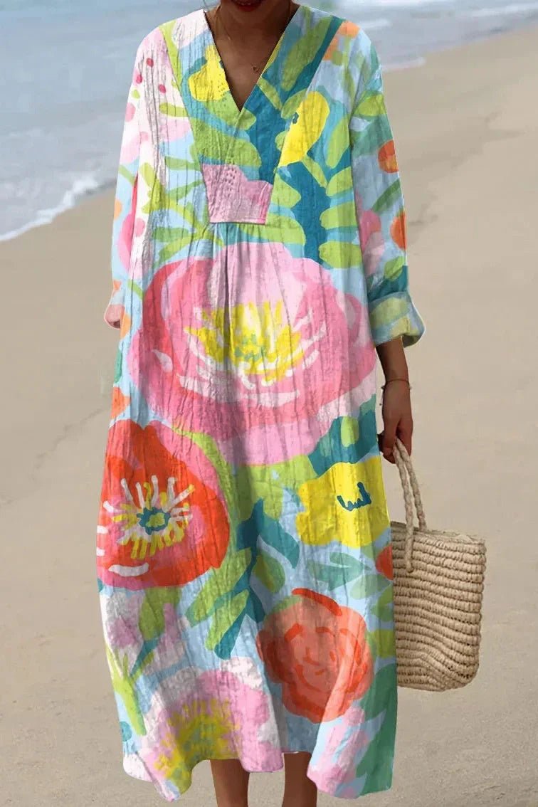 Women's Long-Sleeve Floral V-Neck Linen Oversized Maxi Dress