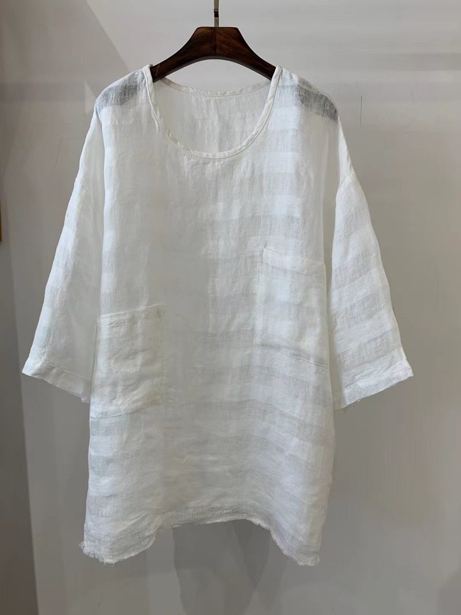 Women's Relaxed Linen Tunic Shirt with Patch Pockets