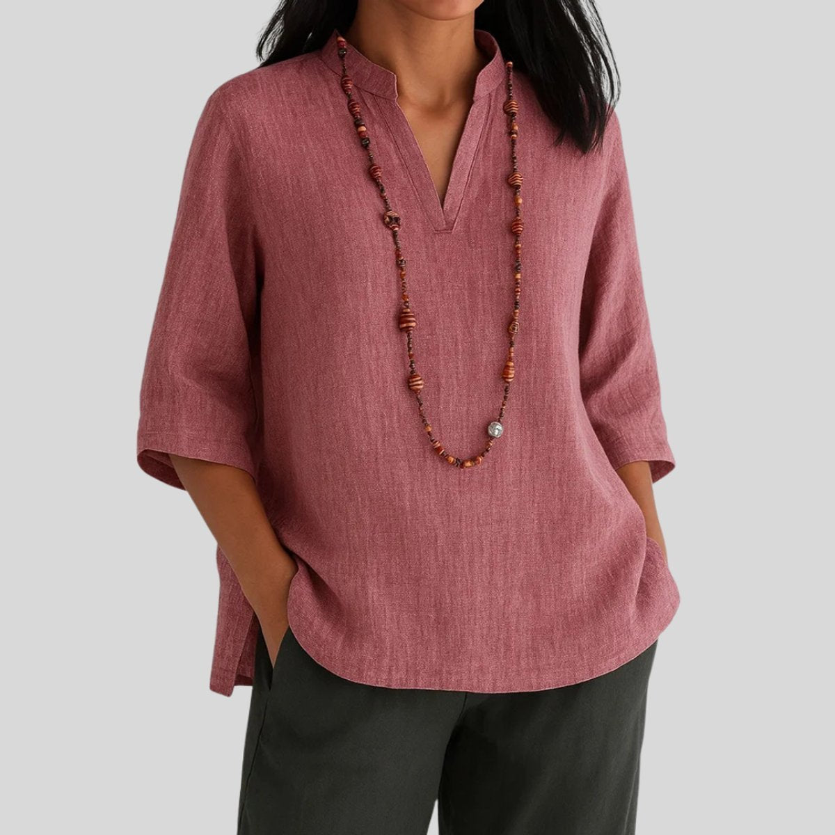 Women's 3/4-Sleeve V-Neck Linen Loose Tunic Top