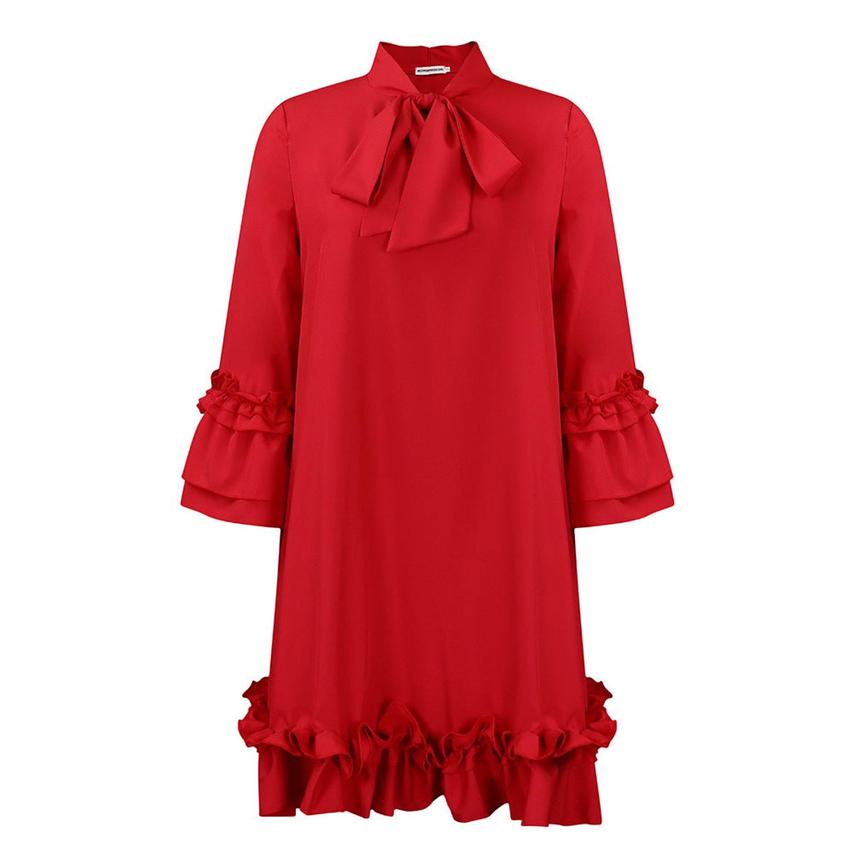 Women's 3/4-Sleeve Tunic Dress with Ruffle Bow Neckline