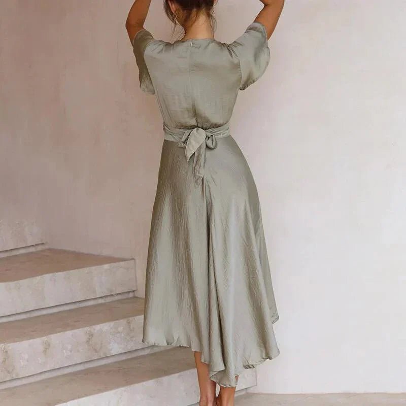 Women's Plunging V-Neck Butterfly Sleeve Asymmetrical Satin Midi Dress