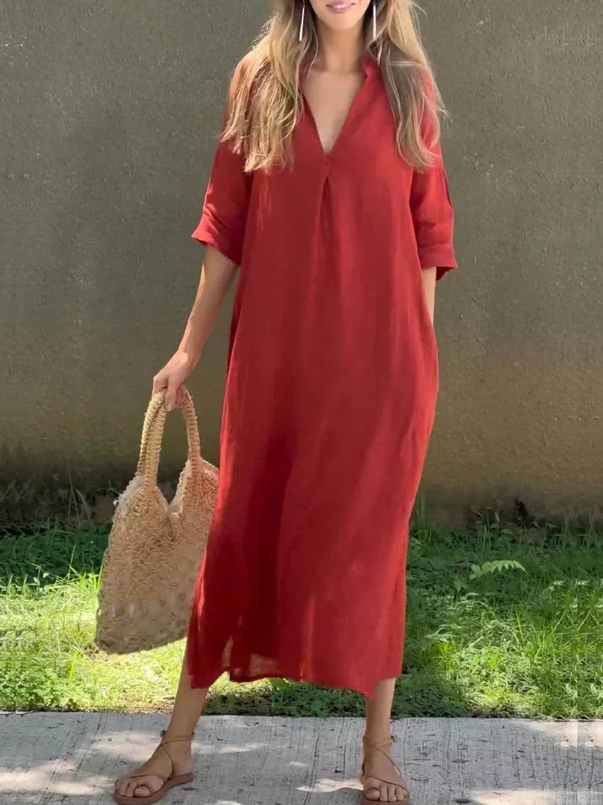 Women's Loose-Fit V-Neck Cotton-Linen Summer Maxi Dress